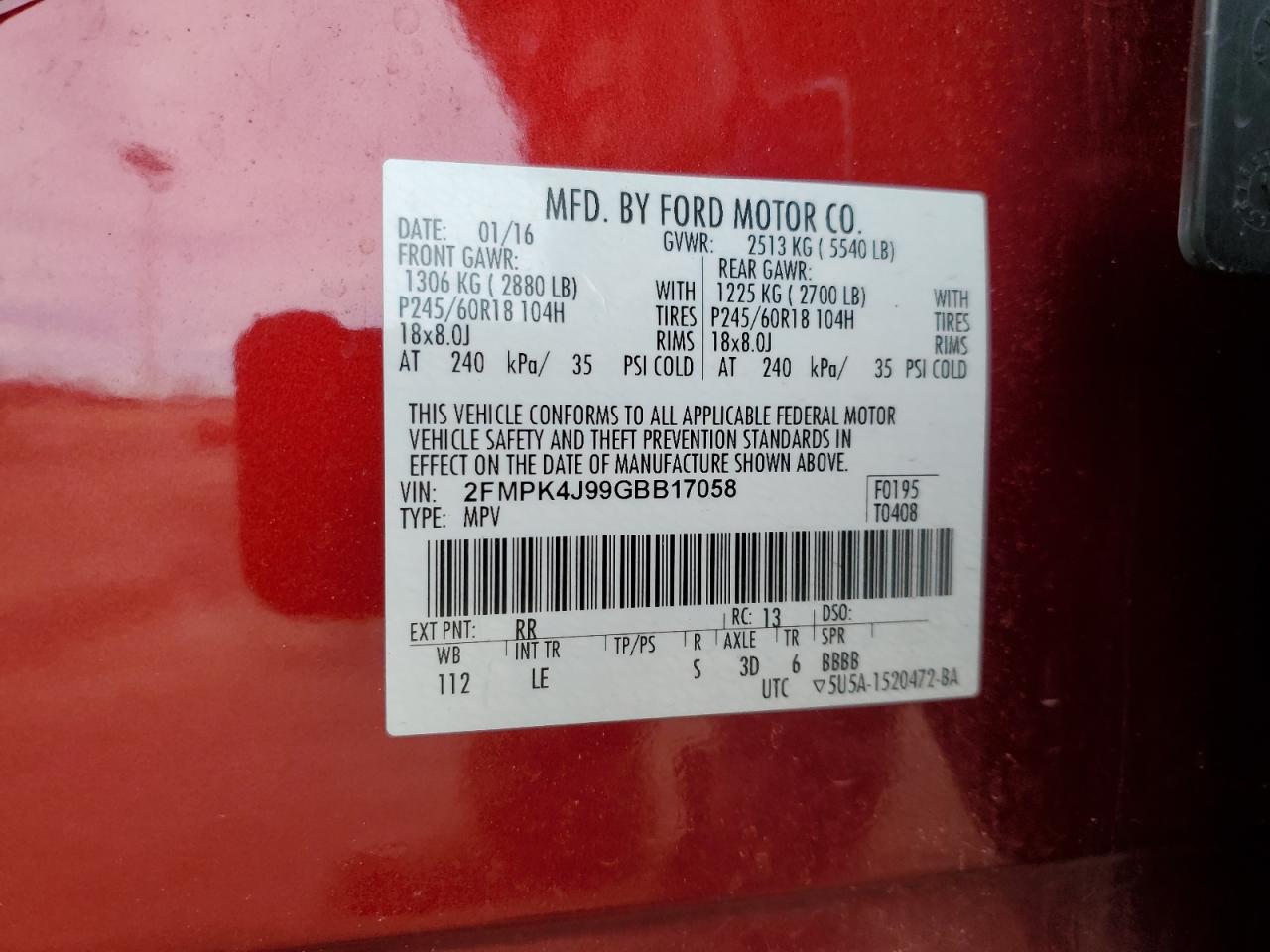2FMPK4J99GBB17058 FORD EDGE 2016