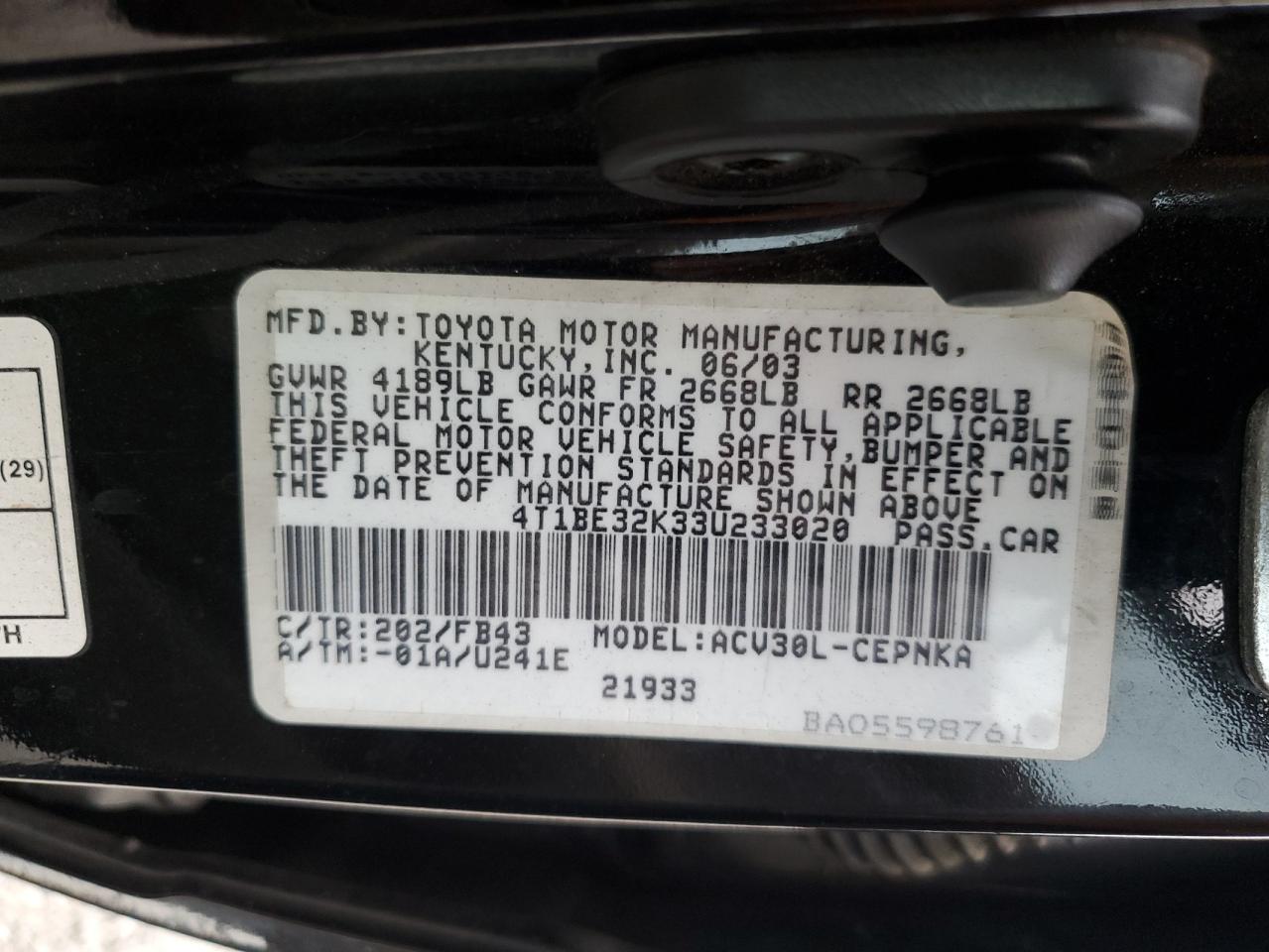 4T1BE32K33U233020 2003 Toyota Camry Le