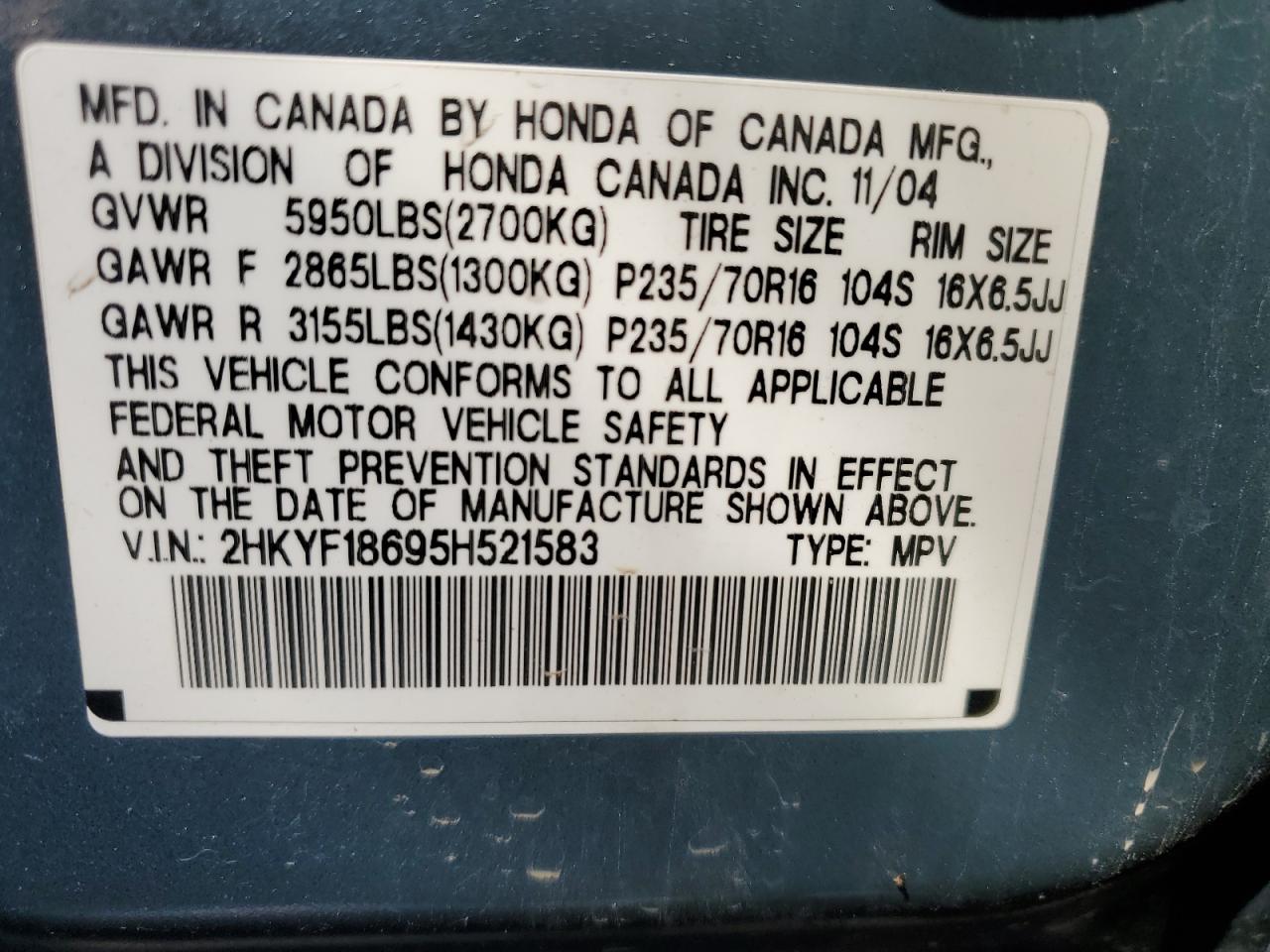 2HKYF18695H521583 2005 Honda Pilot Exl