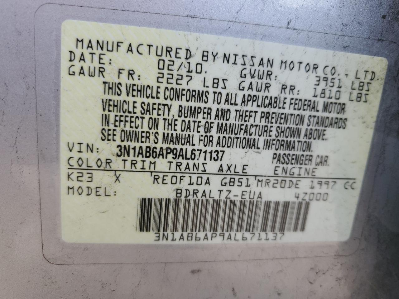 3N1AB6AP9AL671137 2010 Nissan Sentra 2.0