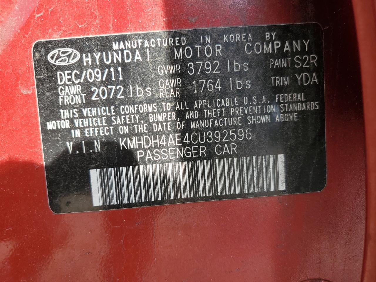 KMHDH4AE4CU392596 2012 Hyundai Elantra Gls