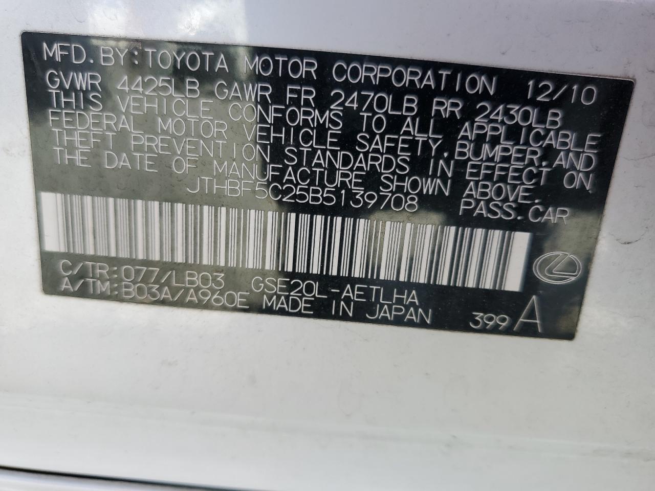 JTHBF5C25B5139708 2011 Lexus Is 250