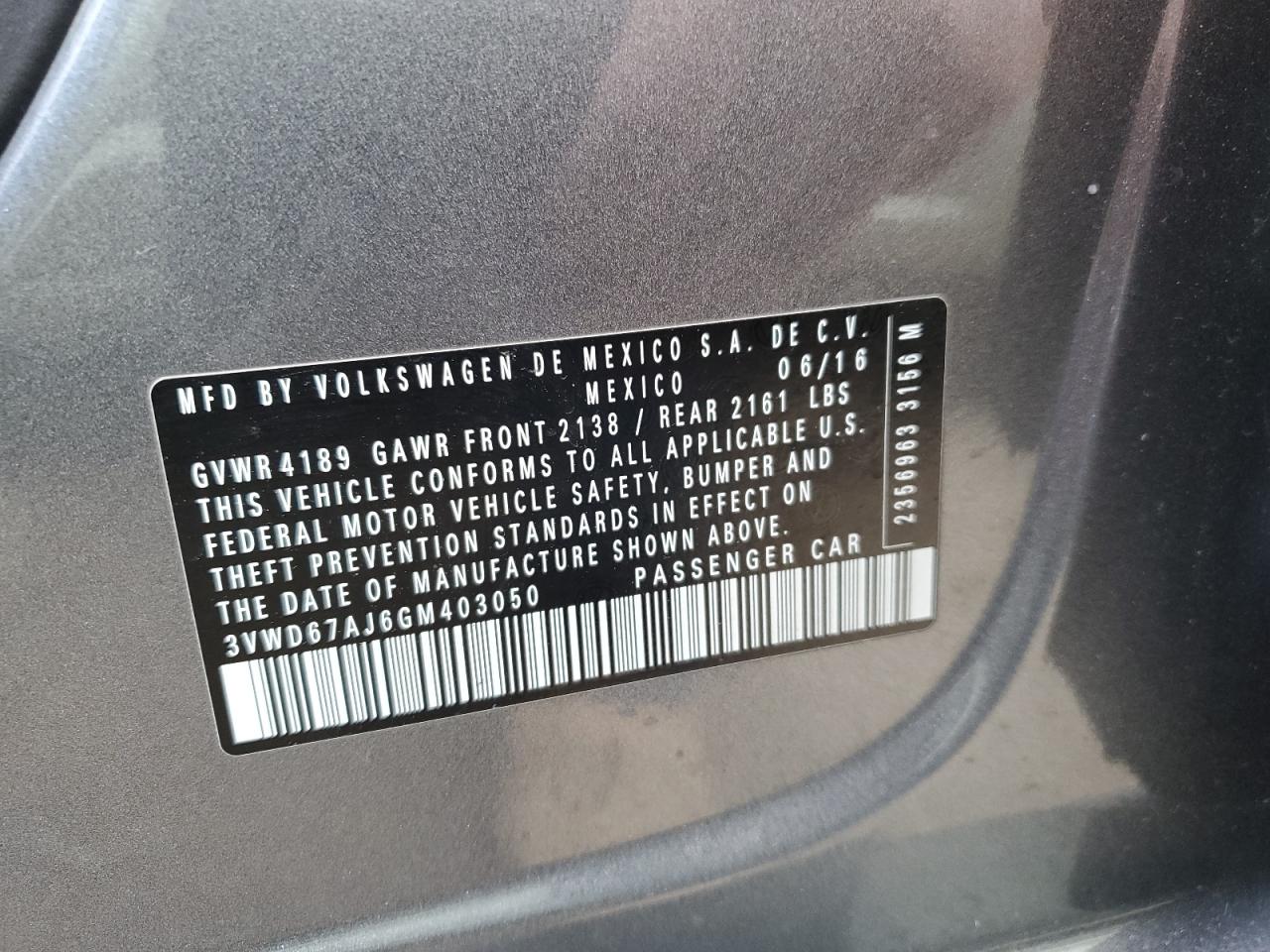 3VWD67AJ6GM403050 2016 Volkswagen Jetta Se