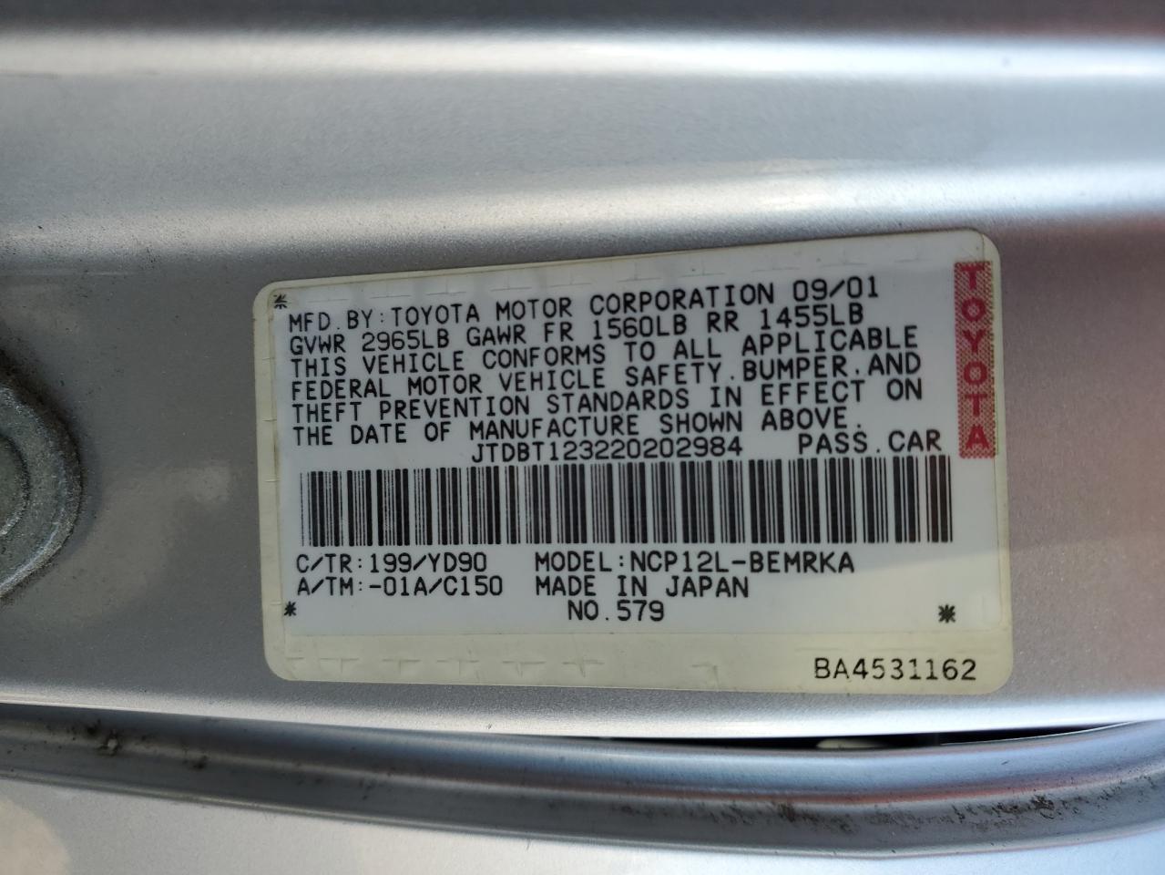 JTDBT123220202984 2002 Toyota Echo