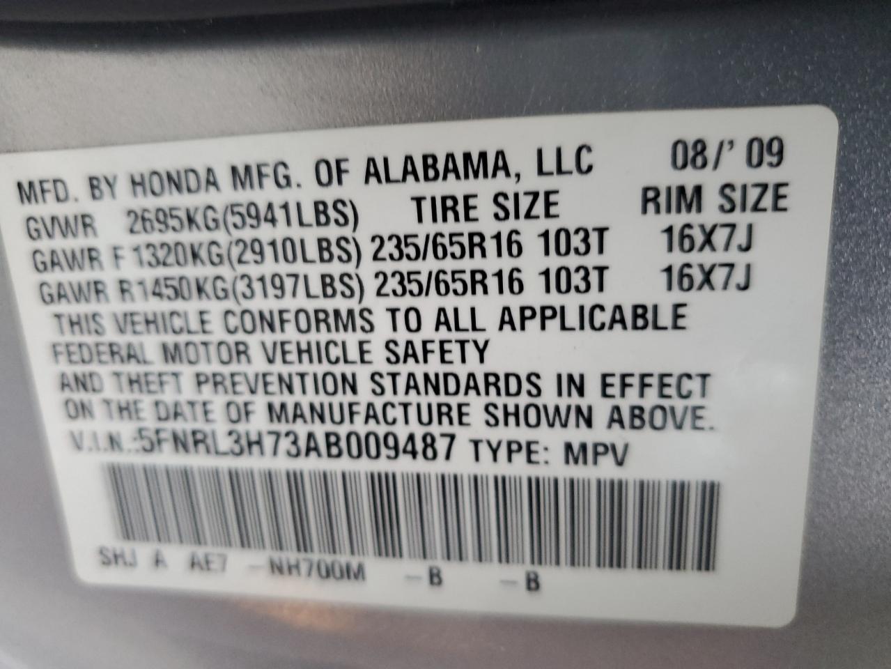 5FNRL3H73AB009487 2010 Honda Odyssey Exl