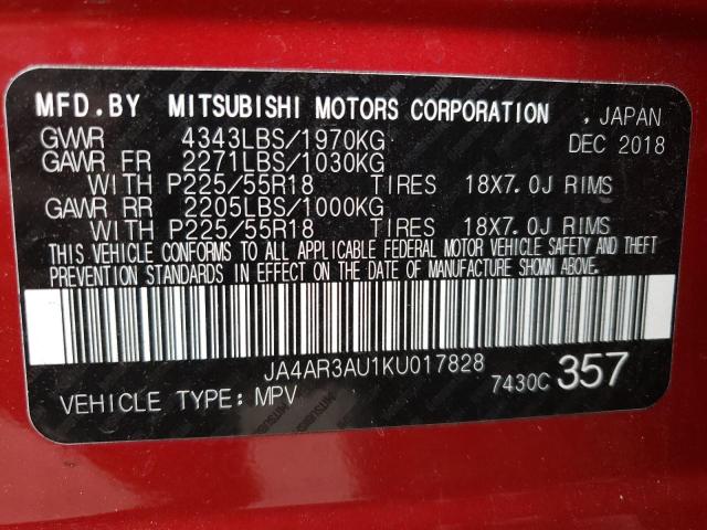 VIN JA4AR3AU1KU017828 2019 MITSUBISHI OUTLANDER no.13