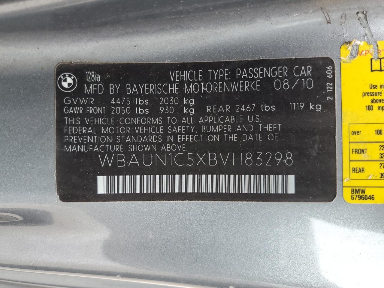 WBAUN1C5XBVH83298 2011 BMW 128 I