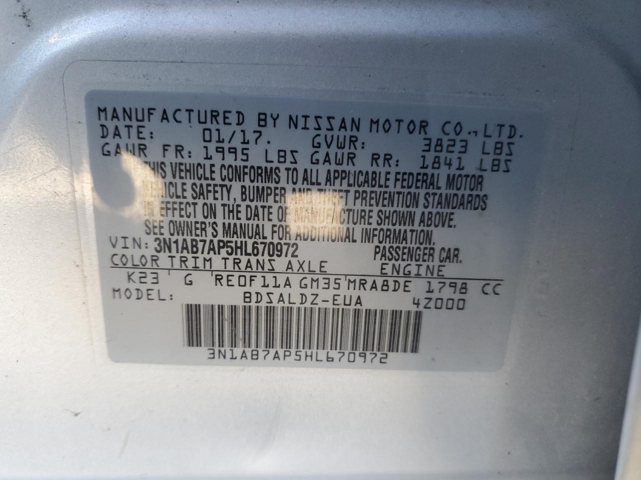 3N1AB7AP5HL670972 2017 Nissan Sentra S