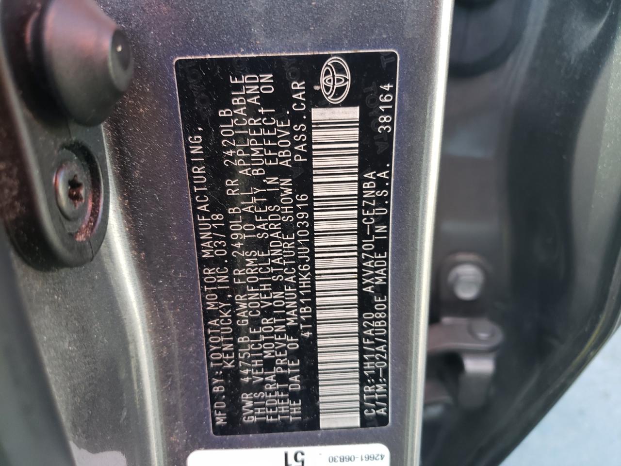 4T1B11HK6JU103916 2018 Toyota Camry L