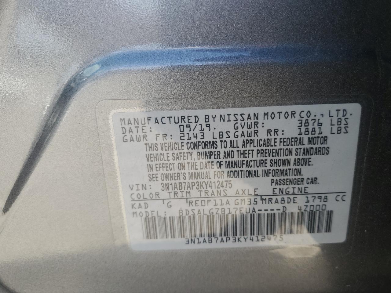 3N1AB7AP3KY412475 NISSAN SENTRA 2019