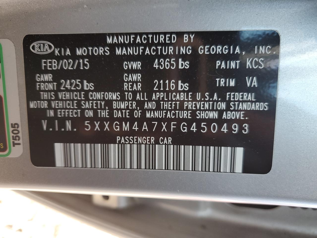 5XXGM4A7XFG450493 2015 Kia Optima Lx