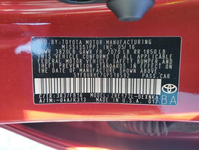 2016 TOYOTA COROLLA 5YFBURHE7GP518592