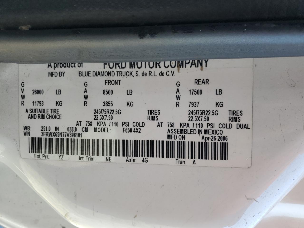 3FRWX65N77V398101 2007 Ford F650 Super Duty