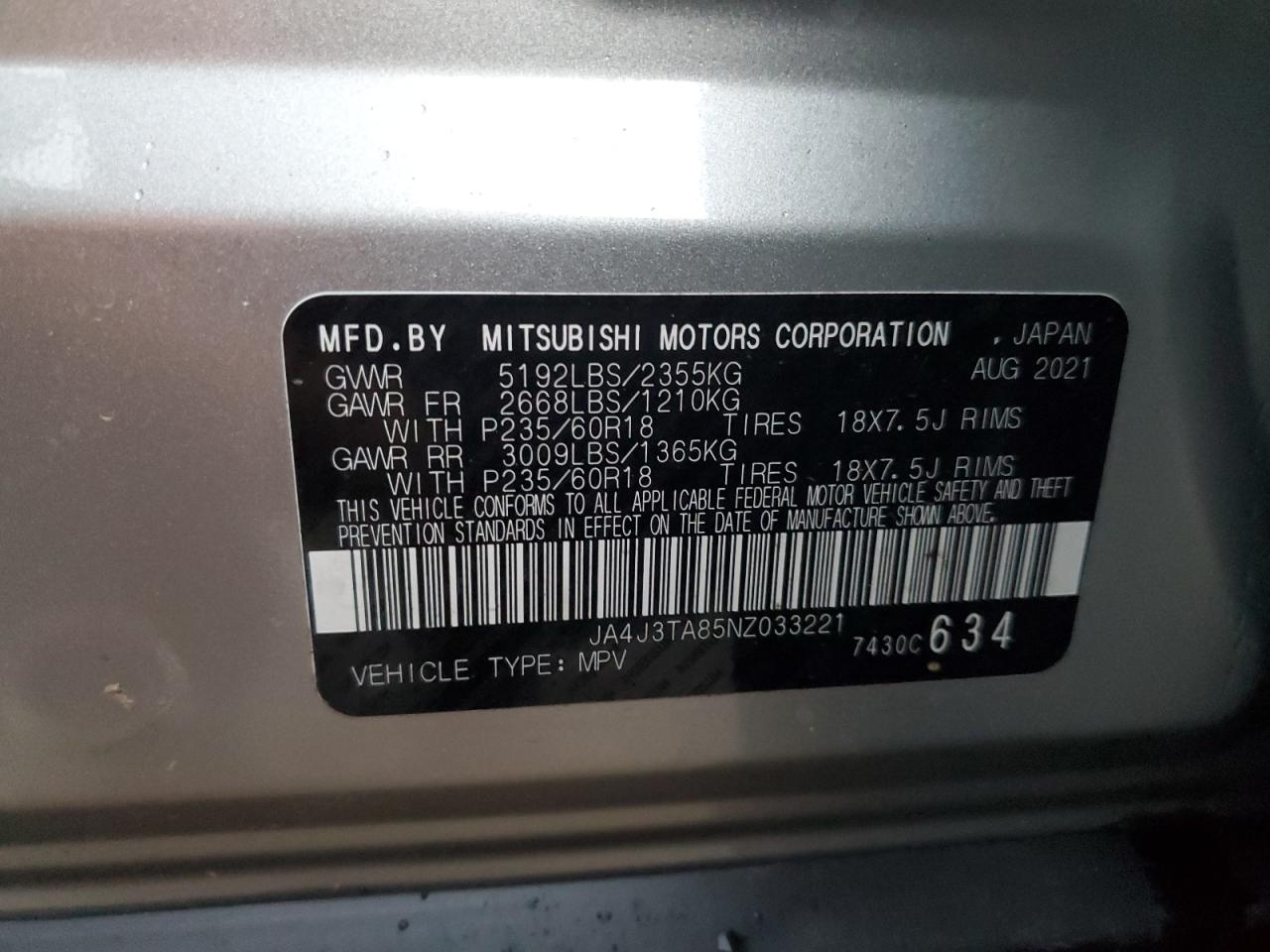 2022 Mitsubishi Outlander 2.5L(VIN: JA4J3TA85NZ033221