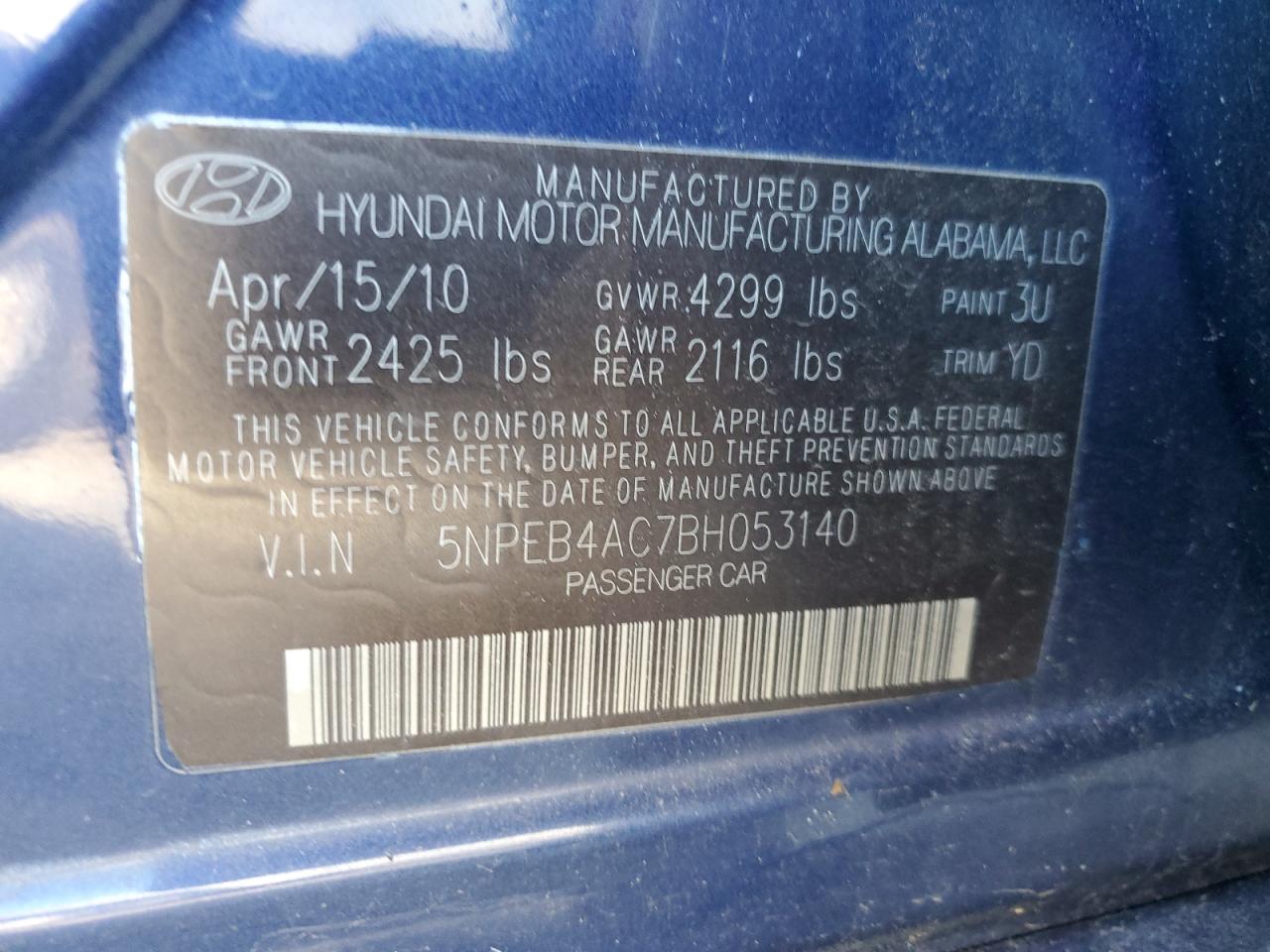 5NPEB4AC7BH053140 2011 Hyundai Sonata Gls