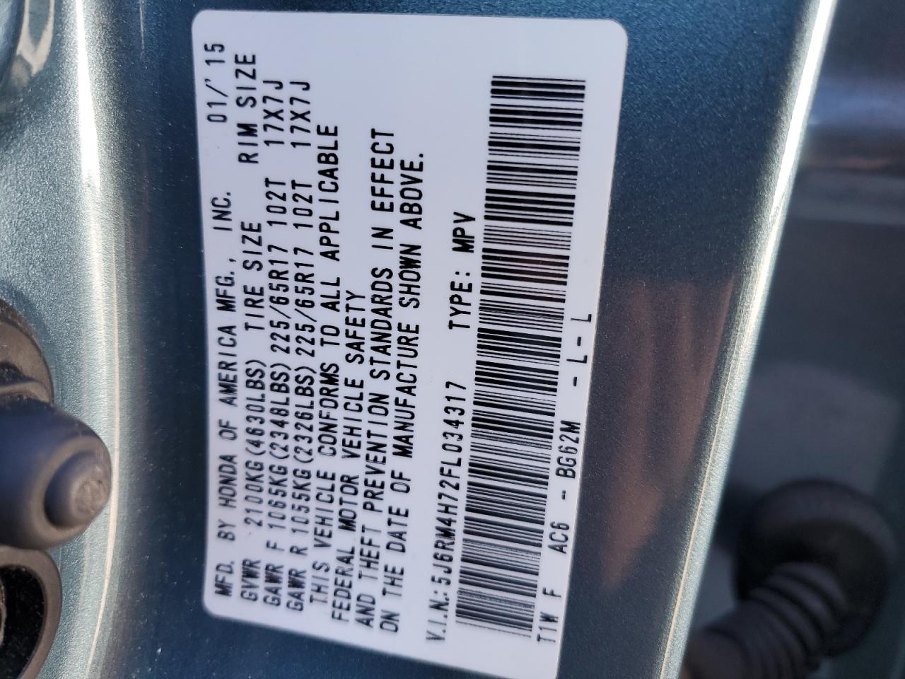 5J6RM4H72FL034317 2015 Honda Cr-V Exl