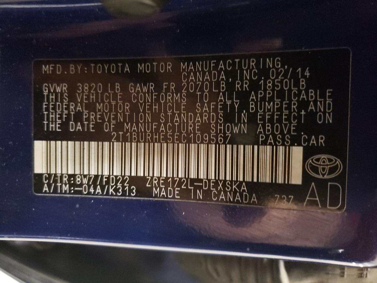 2T1BURHE5EC109567 2014 Toyota Corolla L