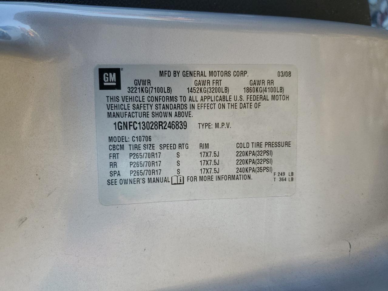 1gnfc13028r246839 1GNFC13028R246839 2008 Chevrolet Tahoe C1500