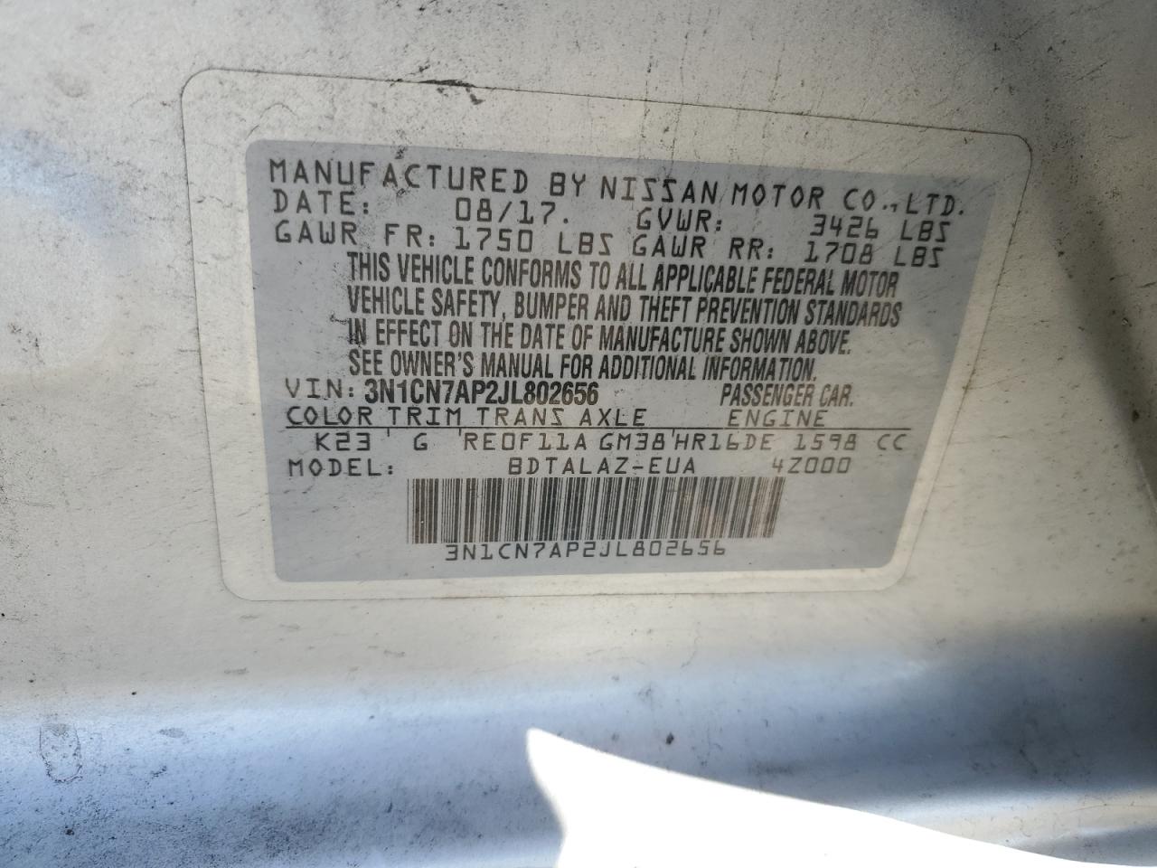 3N1CN7AP2JL802656 NISSAN VERSA 2018