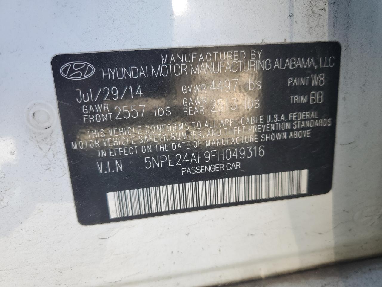 5NPE24AF9FH049316 2015 Hyundai Sonata Se