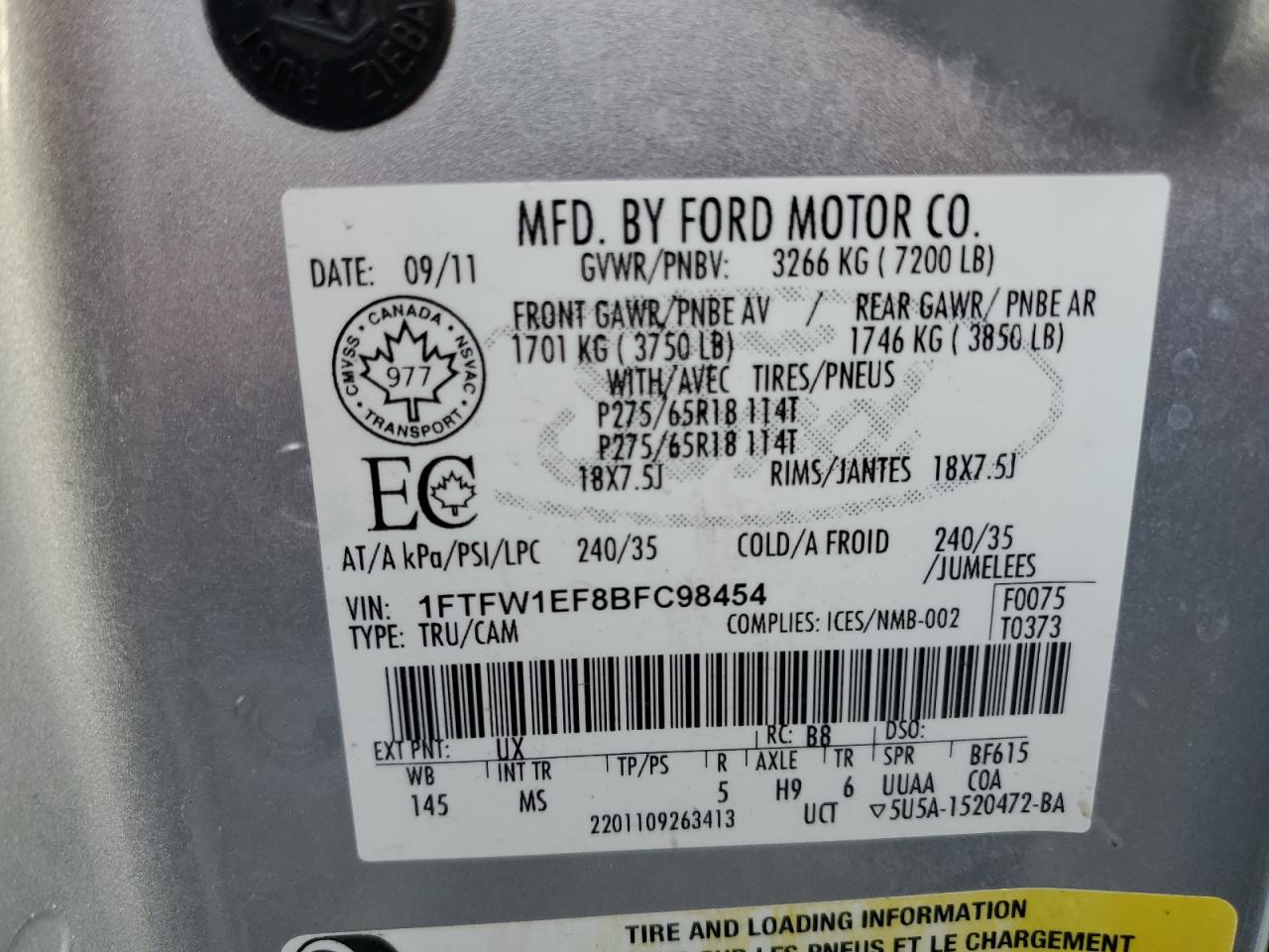 1FTFW1EF8BFC98454 2011 Ford F150 Supercrew