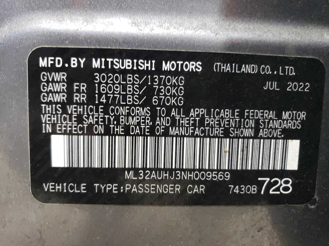 ML32AUHJ3NH009569 2022 Mitsubishi Mirage Es