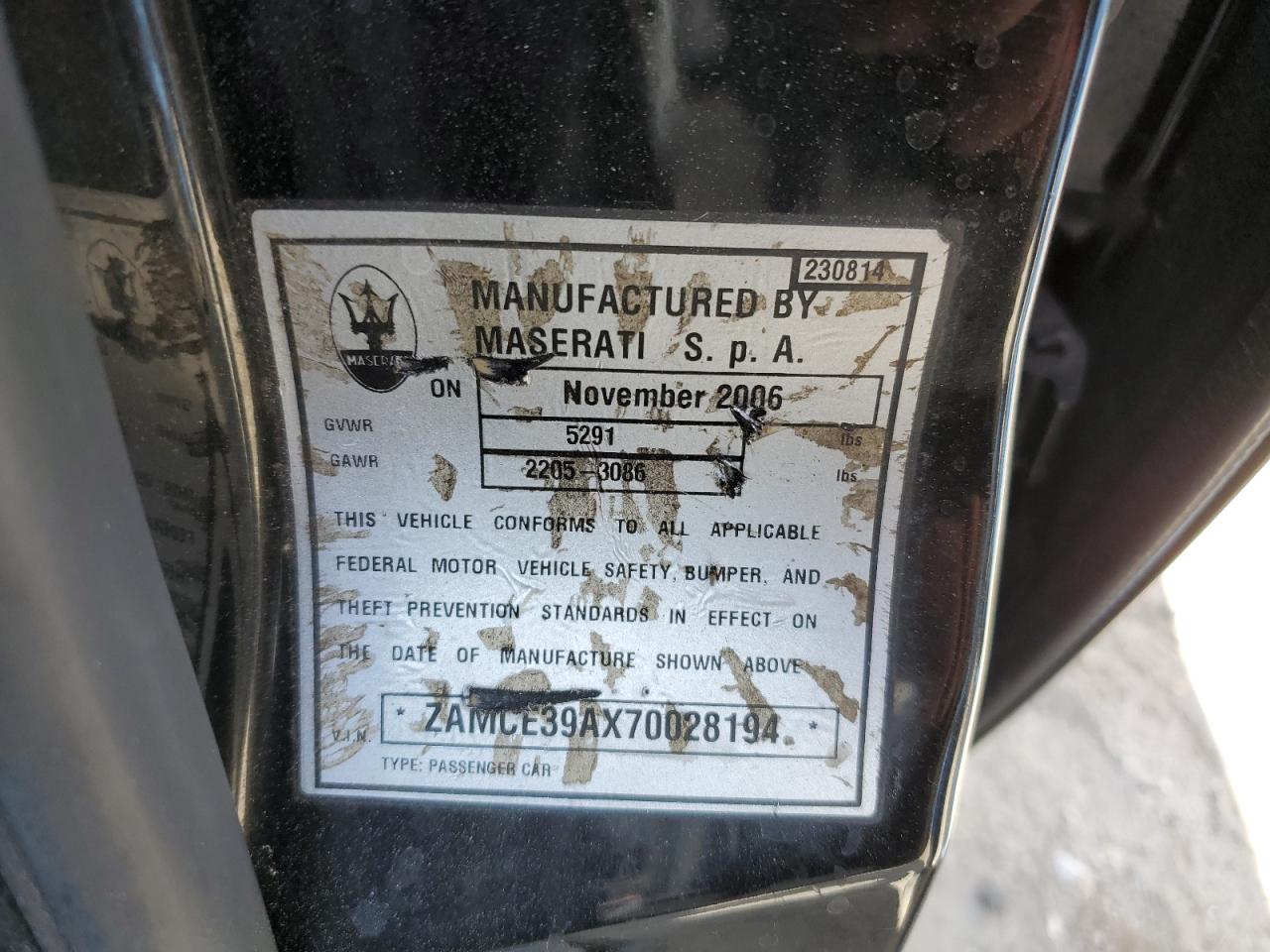 zamce39ax70028194 ZAMCE39AX70028194 2007 Maserati Quattroporte M139