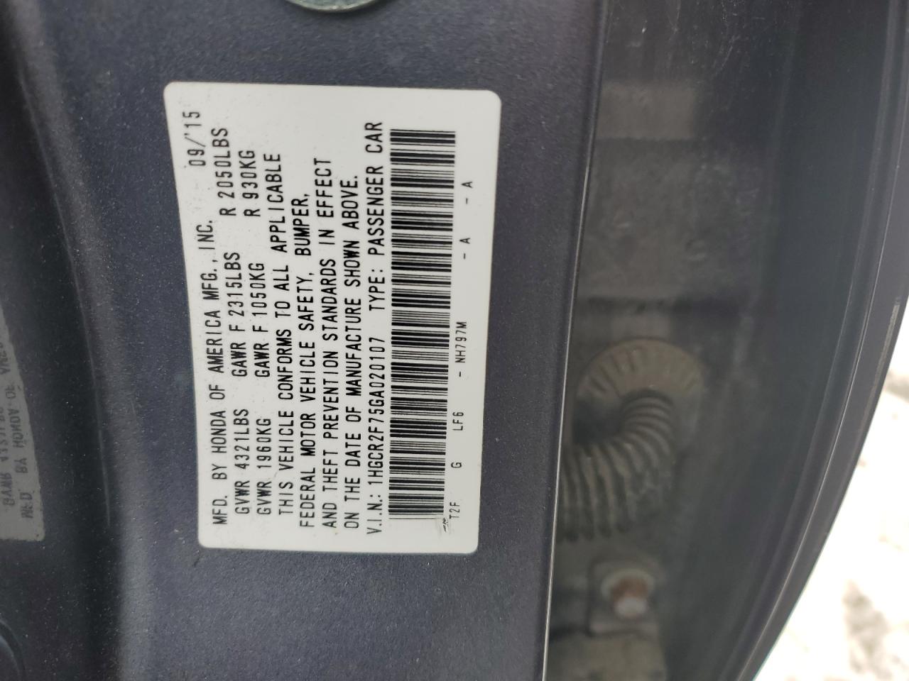 1HGCR2F75GA020107 HONDA ACCORD 2016