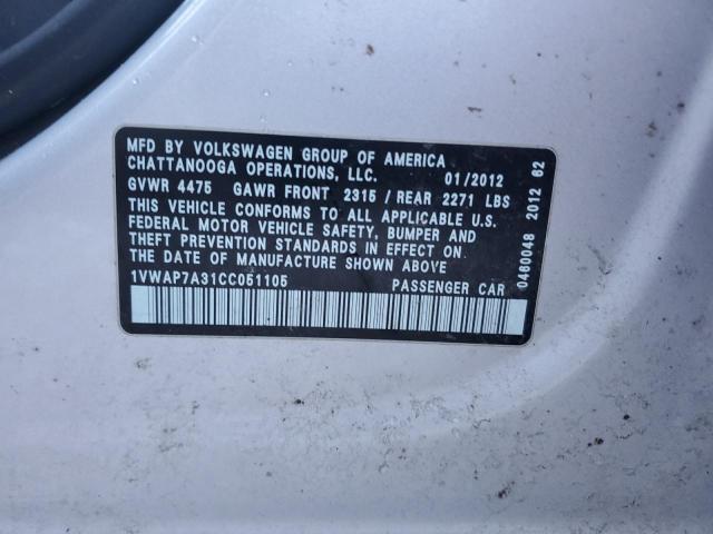 2012 Volkswagen Passat S VIN: 1VWAP7A31CC051105 Lot: 40820554