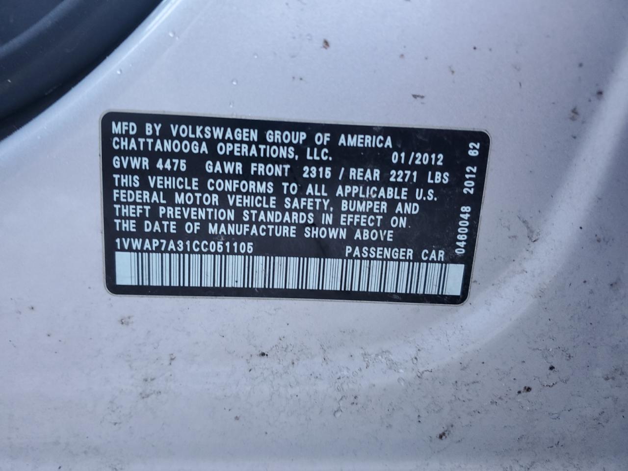 1VWAP7A31CC051105 2012 Volkswagen Passat S