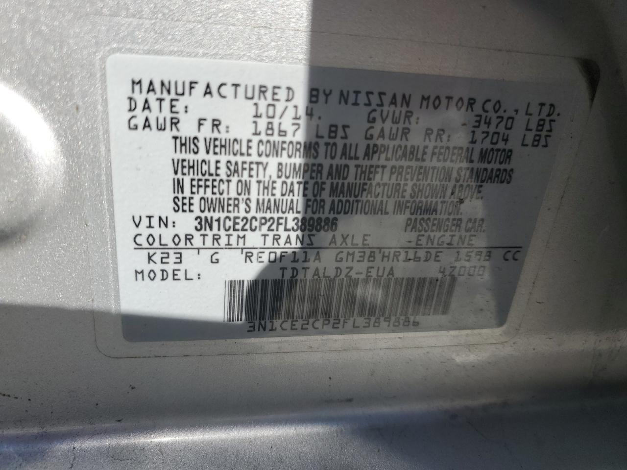 3N1CE2CP2FL389886 2015 Nissan Versa Note S
