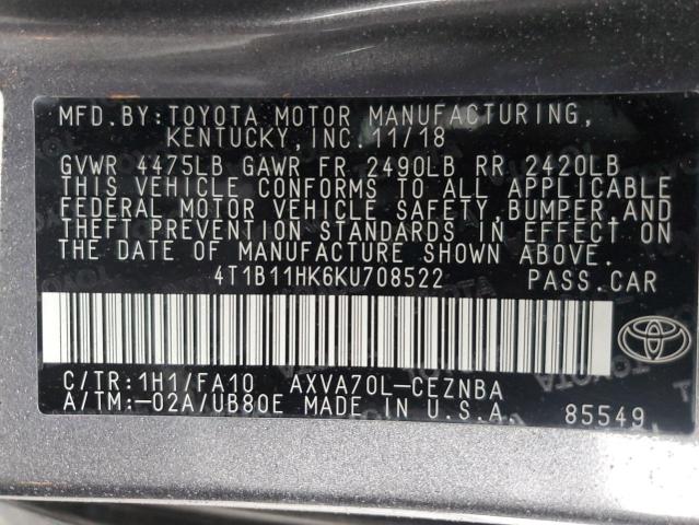 VIN 4T1B11HK6KU708522 2019 Toyota Camry, L no.12