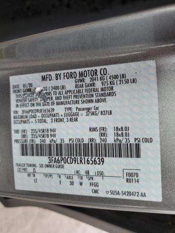 VIN 3FA6P0CD9LR165639 2020 Ford Fusion, Sel no.12