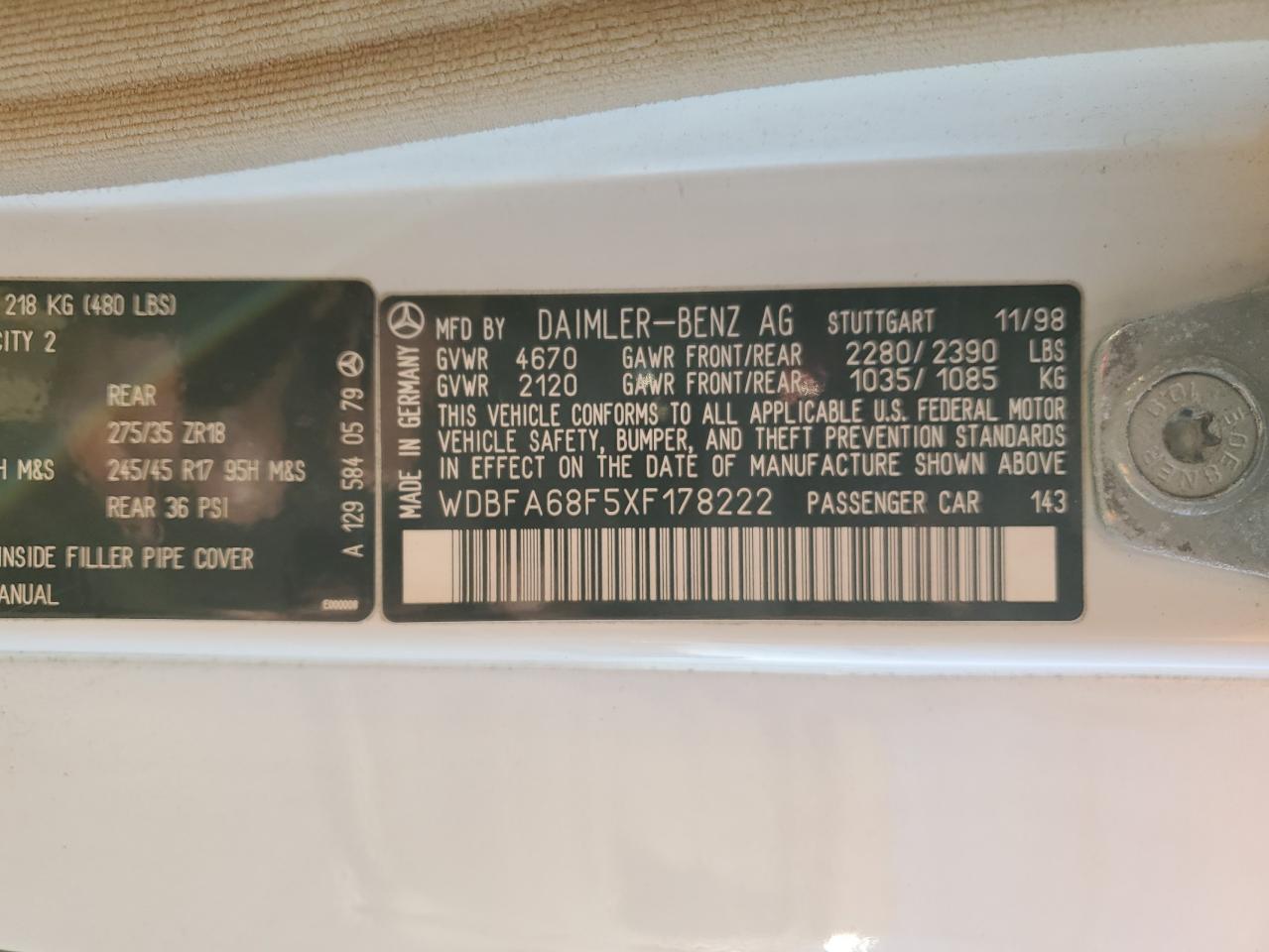 WDBFA68F5XF178222 1999 Mercedes-Benz Sl 500