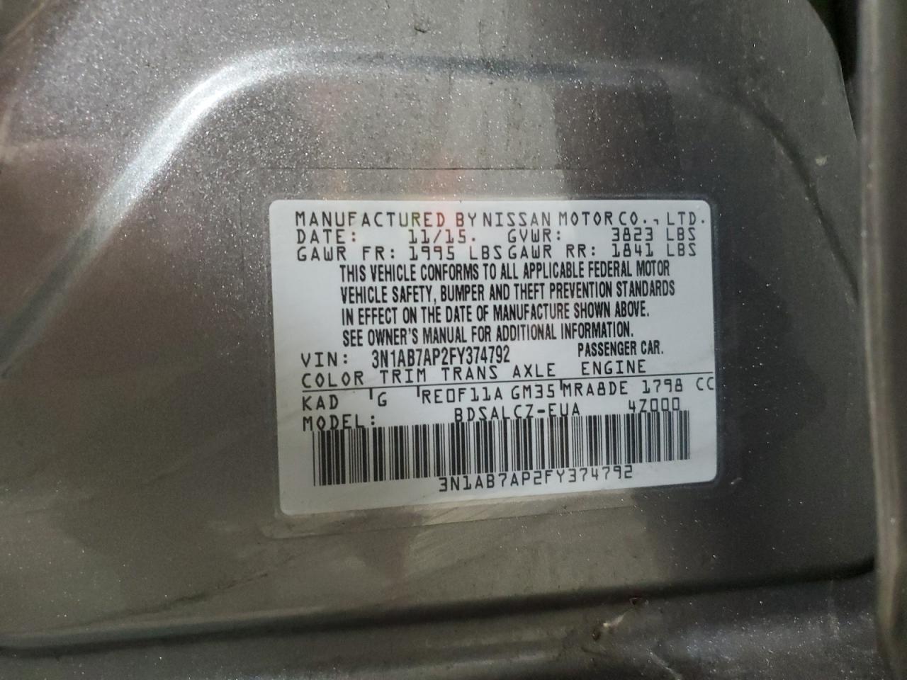 3N1AB7AP2FY374792 2015 Nissan Sentra S