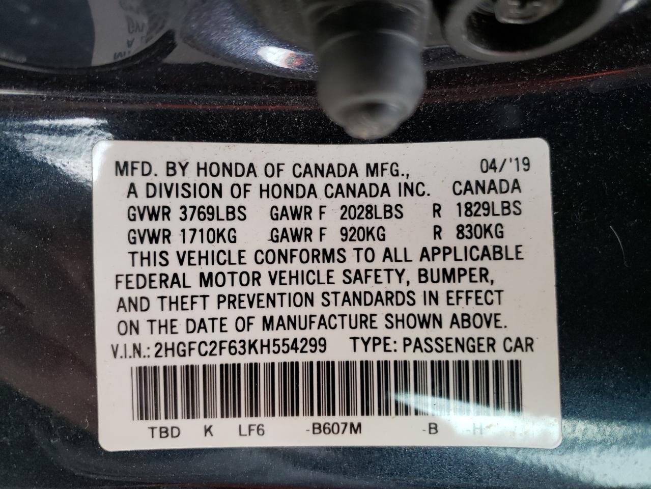 2HGFC2F63KH554299 2019 Honda Civic Lx