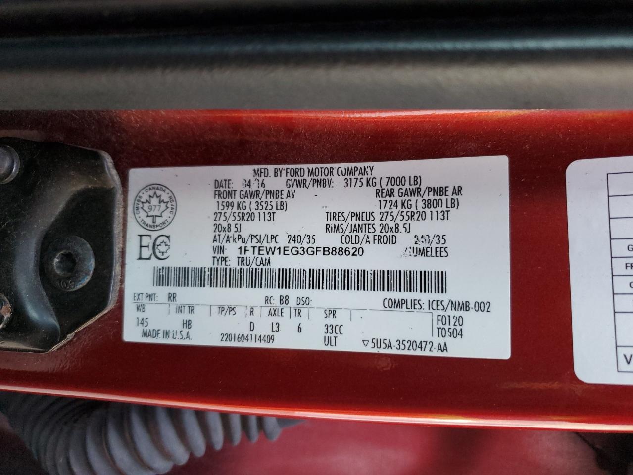 1FTEW1EG3GFB88620 2016 Ford F150 Supercrew