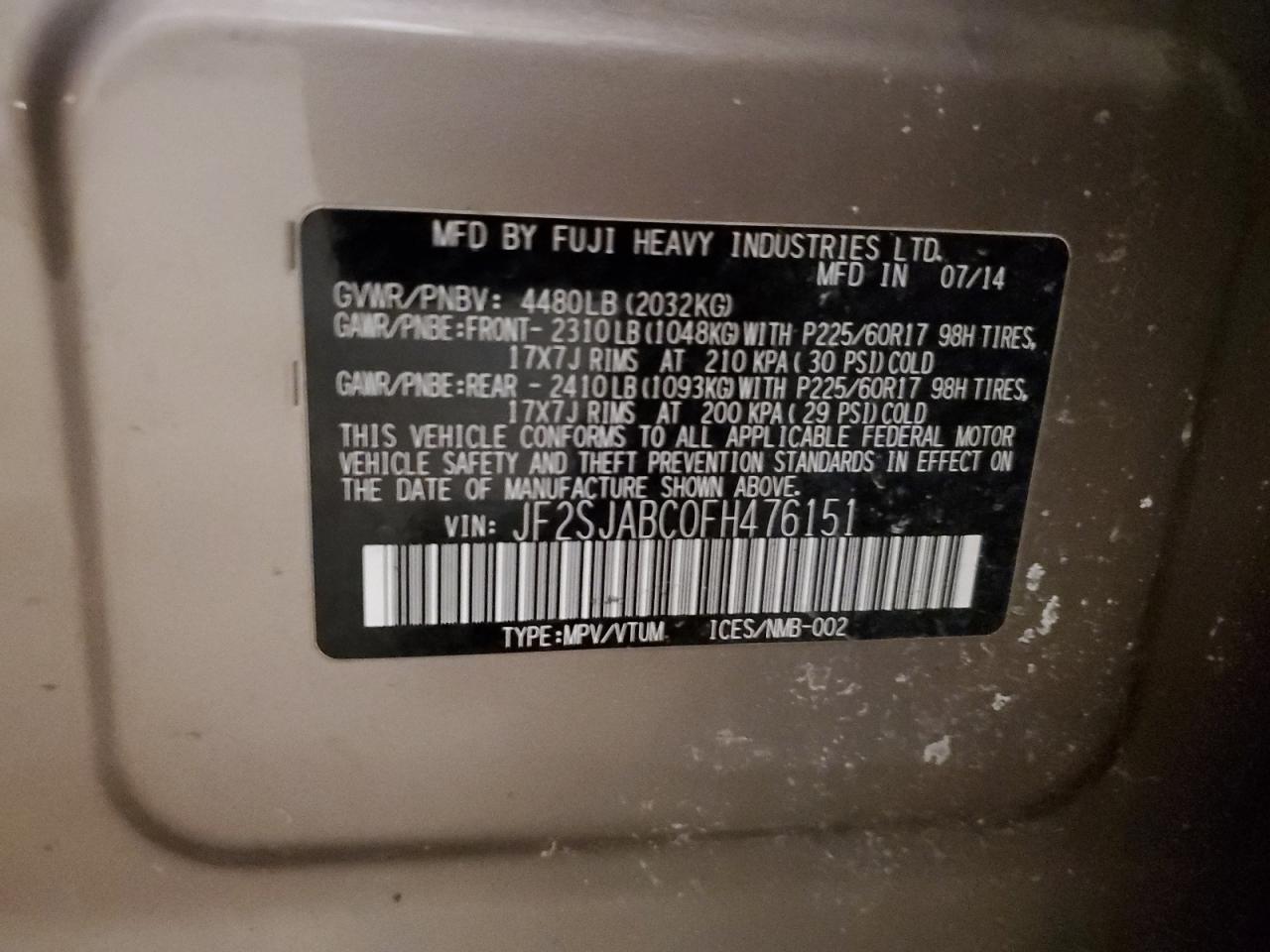 JF2SJABC0FH476151 2015 Subaru Forester 2.5I