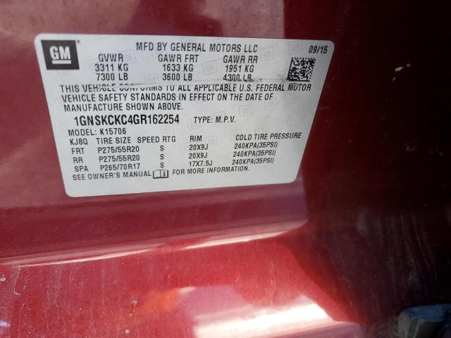 2016 Chevrolet Tahoe K1500 Ltz VIN: 1GNSKCKC4GR162254 Lot: 42698164