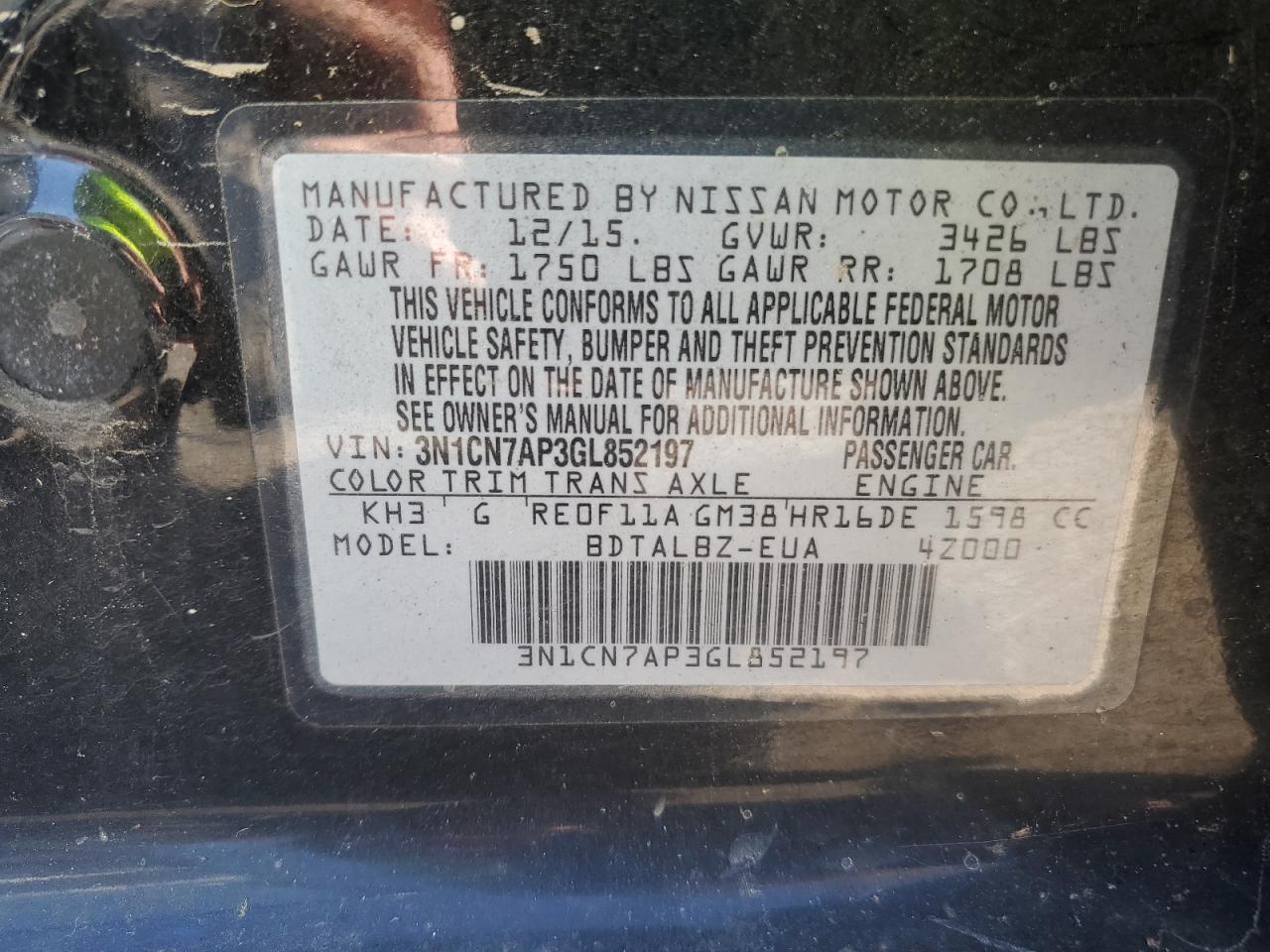 3N1CN7AP3GL852197 2016 Nissan Versa S