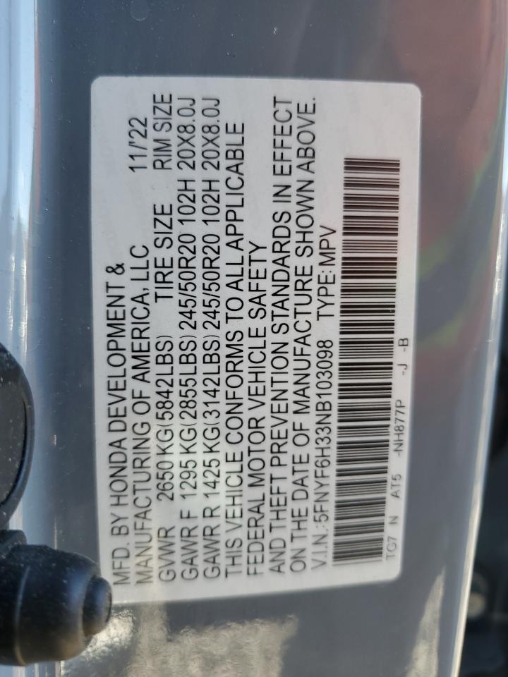 5fnyf6h33nb103098 5FNYF6H33NB103098 2022 Honda Pilot Sport