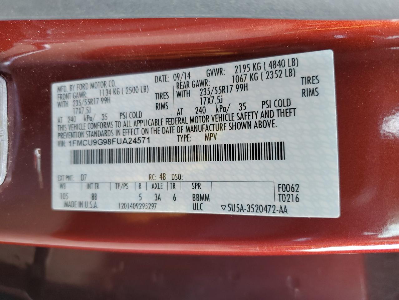 1FMCU9G98FUA24571 2015 Ford Escape Se