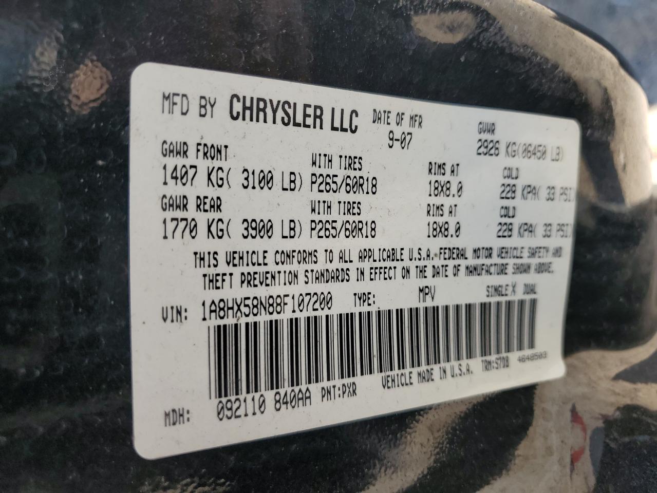 1A8HX58N88F107200 2008 Chrysler Aspen Limited