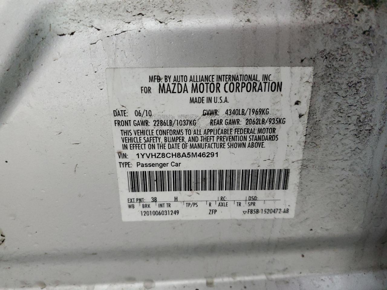 1YVHZ8CH8A5M46291 2010 Mazda 6 I