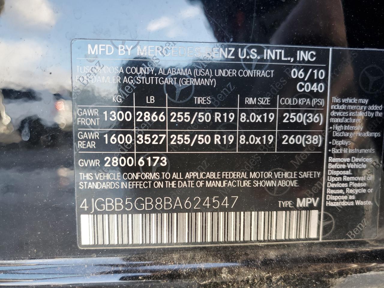 4JGBB5GB8BA624547 2011 Mercedes-Benz Ml 350