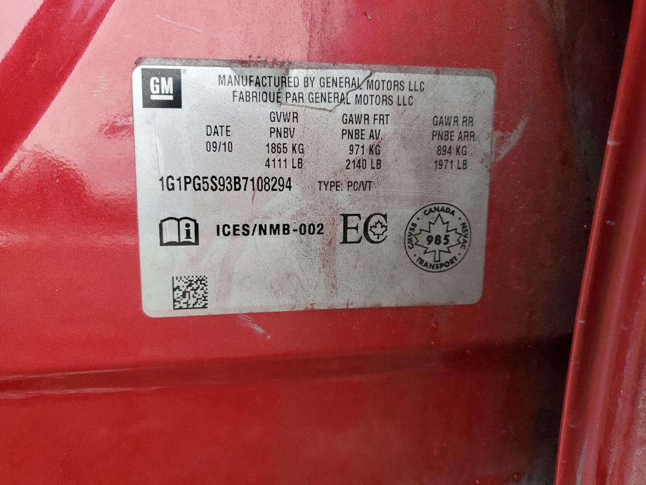 1G1PG5S93B7108294 2011 Chevrolet Cruze Lt