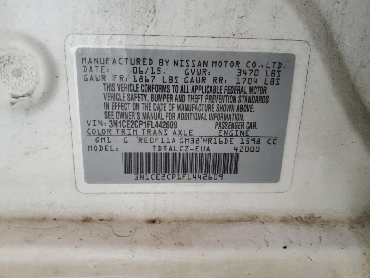 3N1CE2CP1FL442609 2015 Nissan Versa Note S