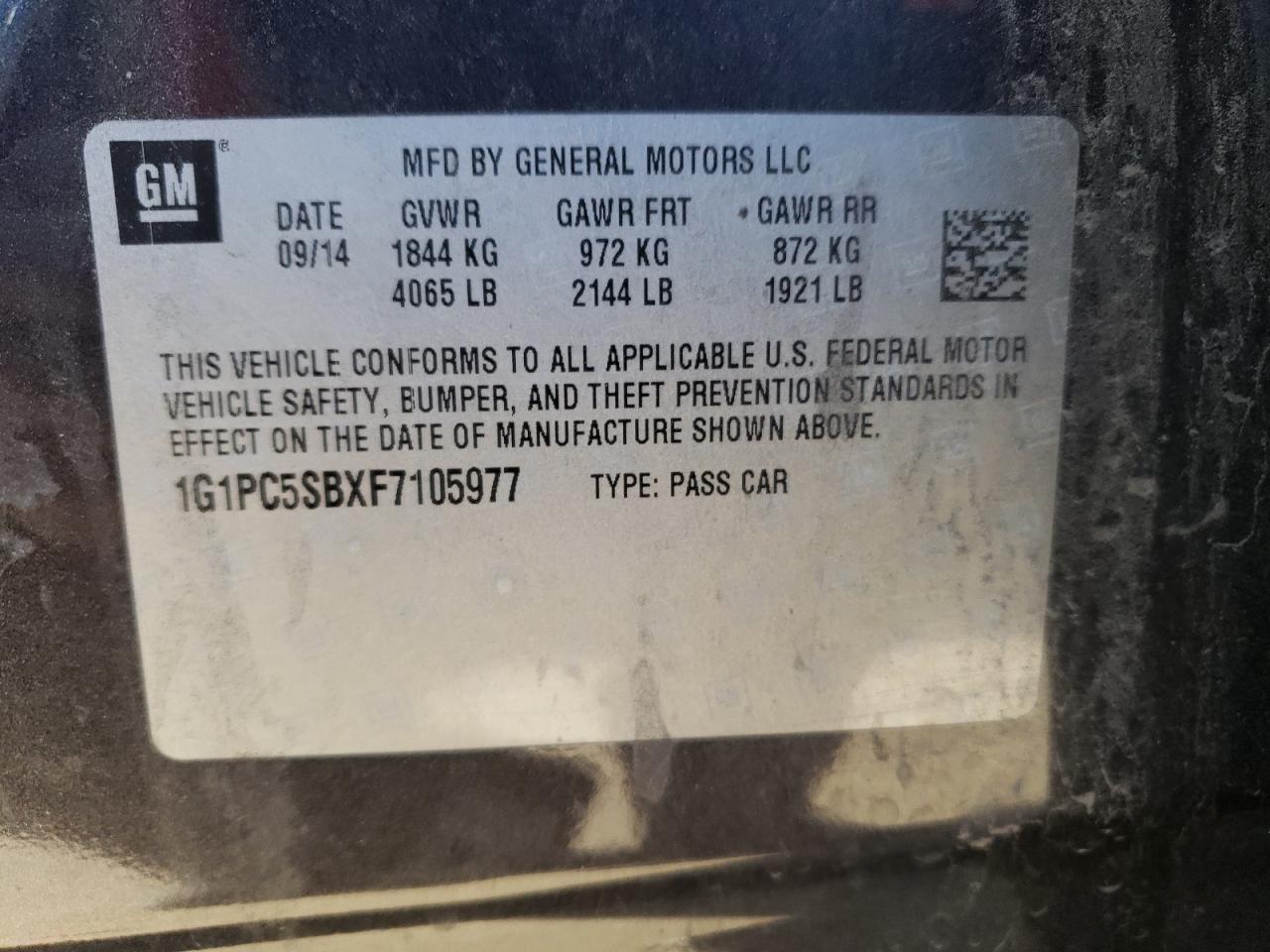 1G1PC5SBXF7105977 2015 Chevrolet Cruze Lt