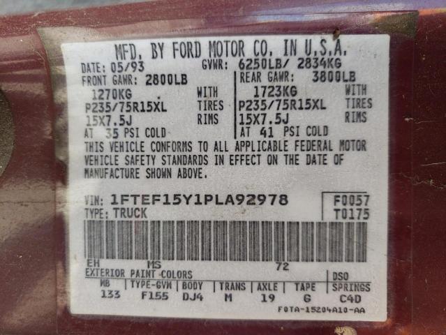 1993 Ford F150 VIN: 1FTEF15Y1PLA92978 Lot: 42709654
