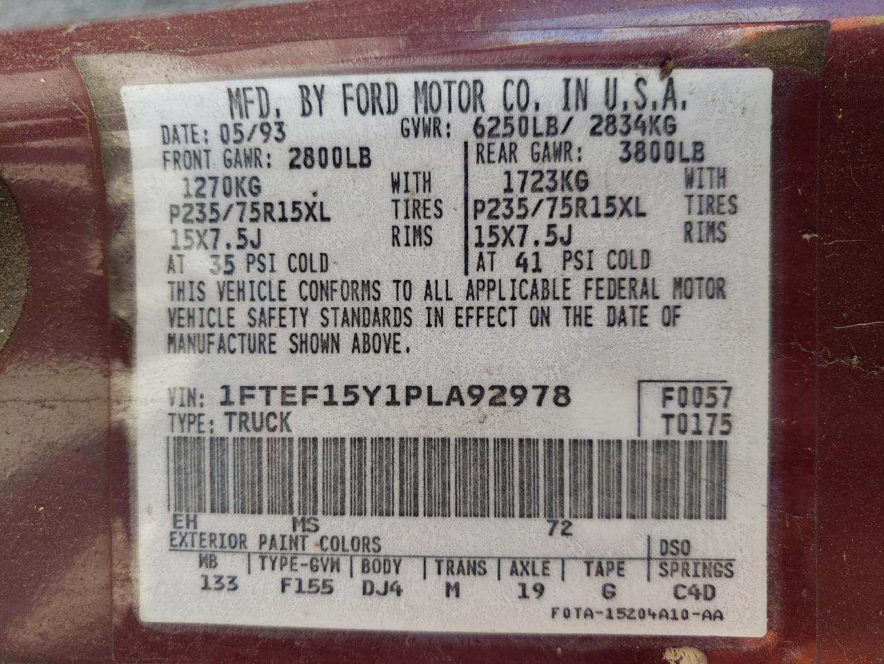 1FTEF15Y1PLA92978 1993 Ford F150